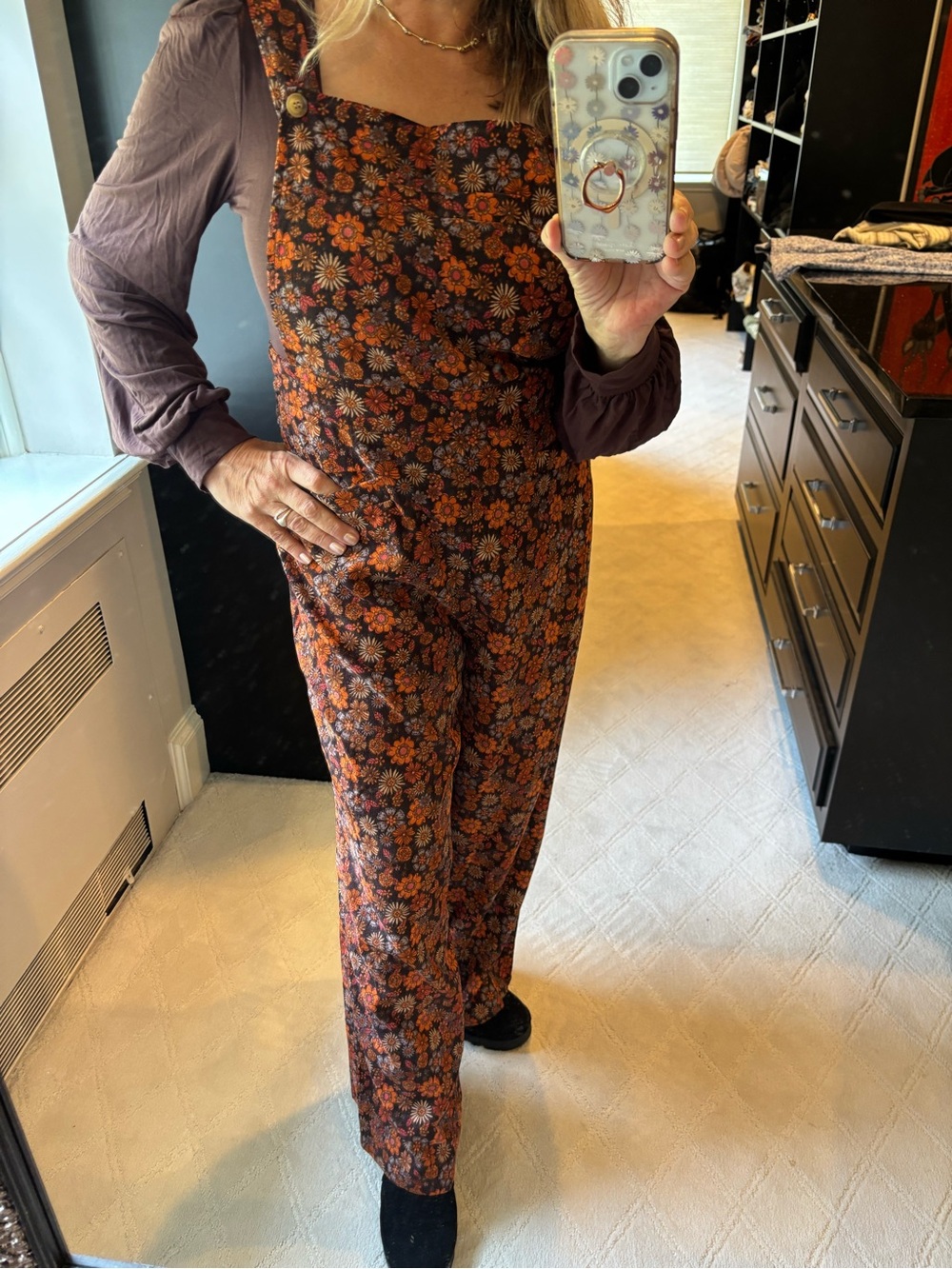 Floral Print Wide-Leg Overalls - Orange Floral Corduroy - Picture 9 of 16